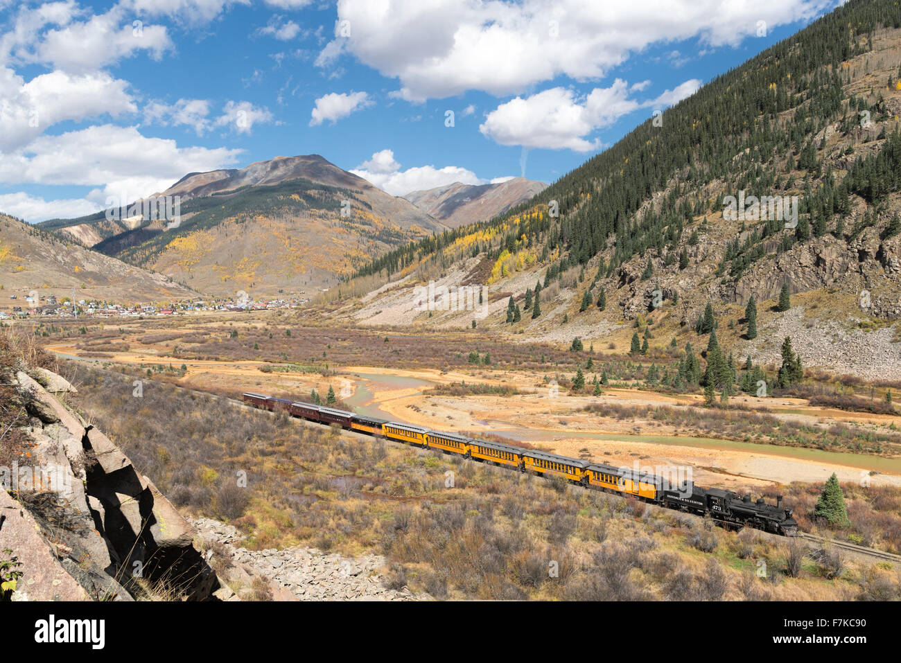Durango & Silverton Narrow Gauge Railroad steam train along the Animas River in Southwest Colorado. Stock Photo