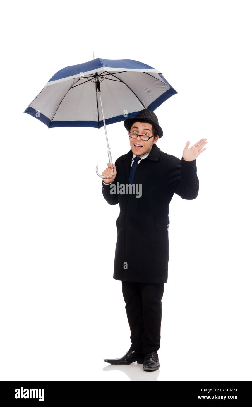Young man with umbrella isolated on white Stock Photo - Alamy