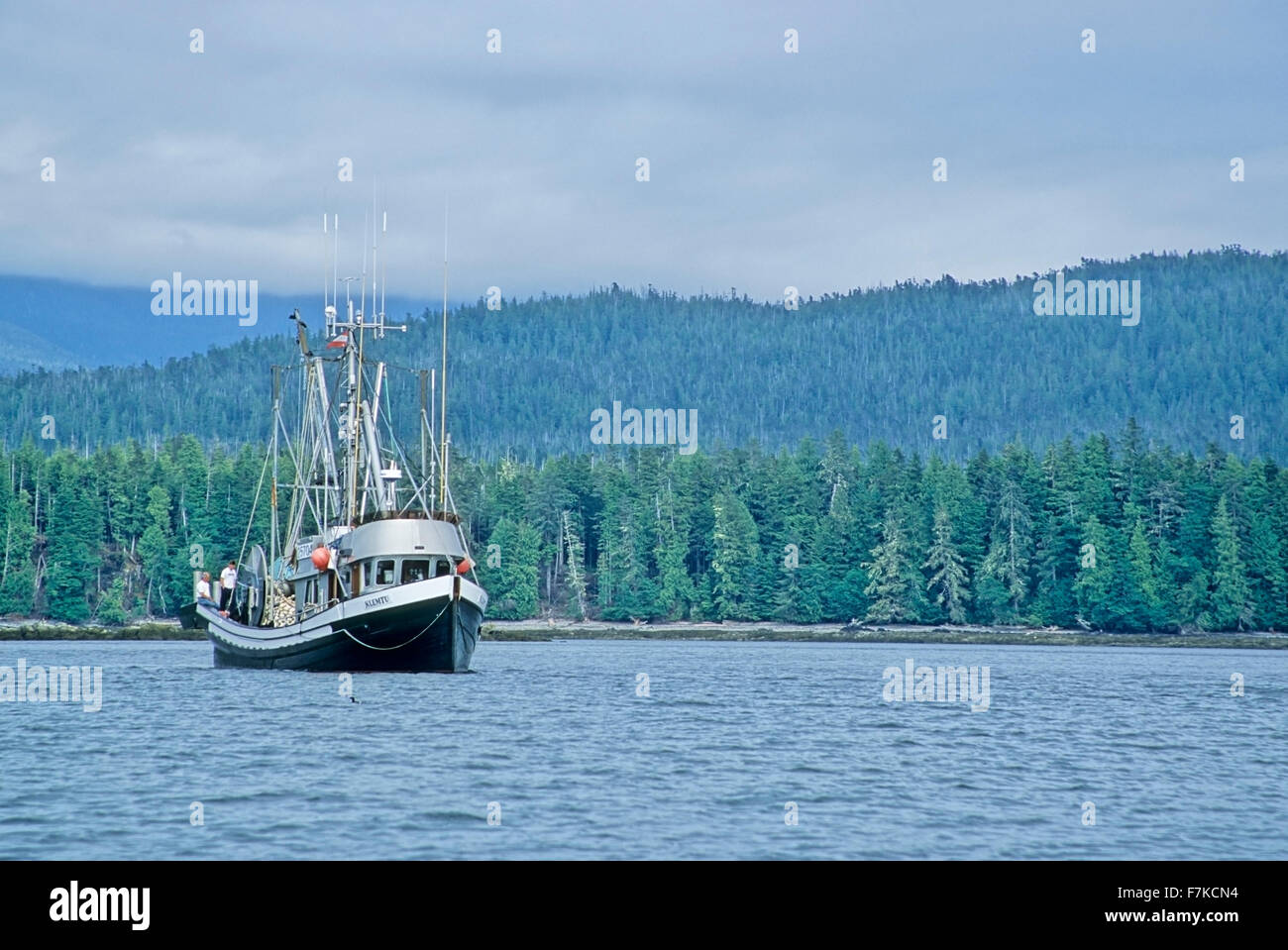 Commercial fishing seine boat anchored in bay, Chatham Sound, British Columbia Stock Photo