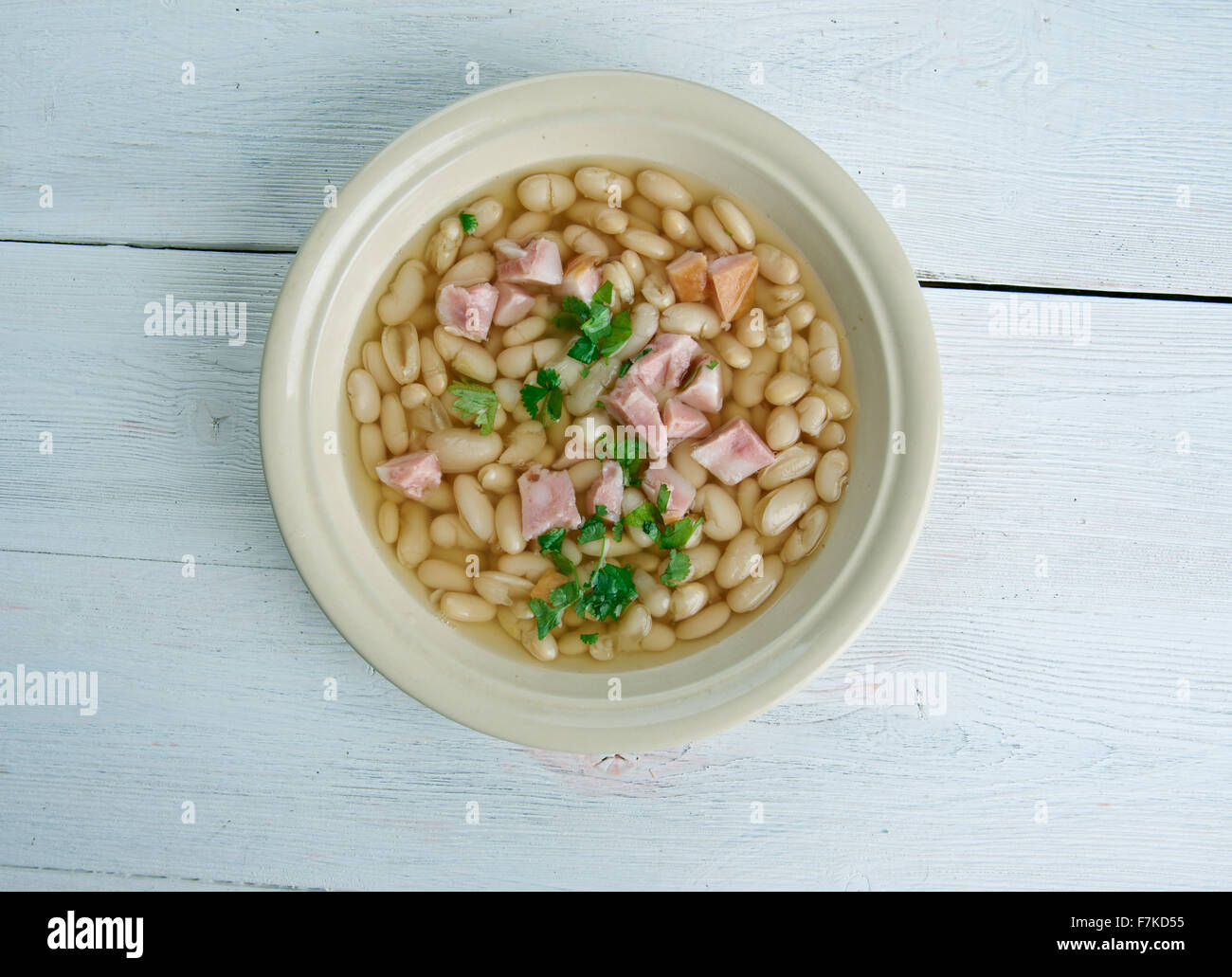 Senate bean soup soup made with navy beans, ham hocks, and onion.served in the dining room of
