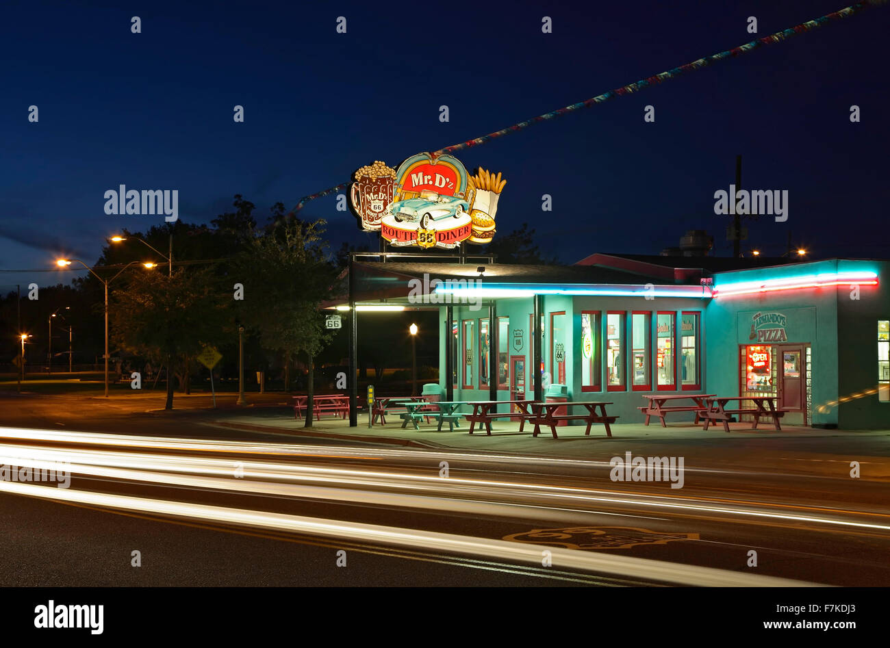 Light streaks and Mr. D'z Route 66 Diner, Route 66, Kingman, Arizona USA Stock Photo