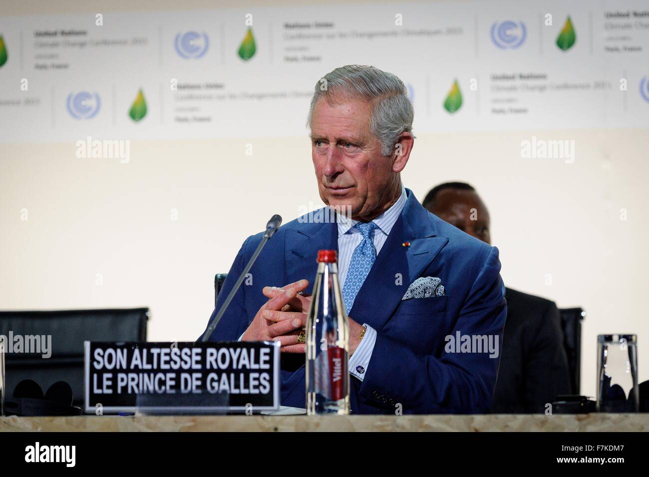 Le Bourget, France. 30th November, 2015. Prince Charles address the plenary session of the COP21, United Nations Climate Change Conference on behalf of the United Kingdom November 30, 2015 outside Paris in Le Bourget, France. Stock Photo