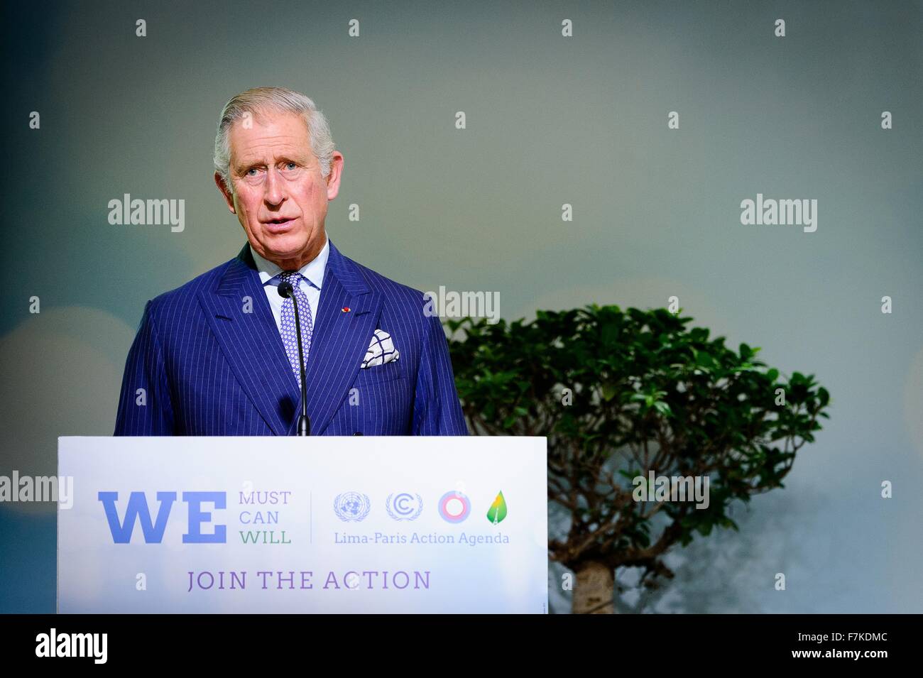 Le Bourget, France. 30th November, 2015. Prince Charles address the Forest Focus Day session of the COP21, United Nations Climate Change Conference on behalf of the United Kingdom December 1, 2015 outside Paris in Le Bourget, France. Stock Photo
