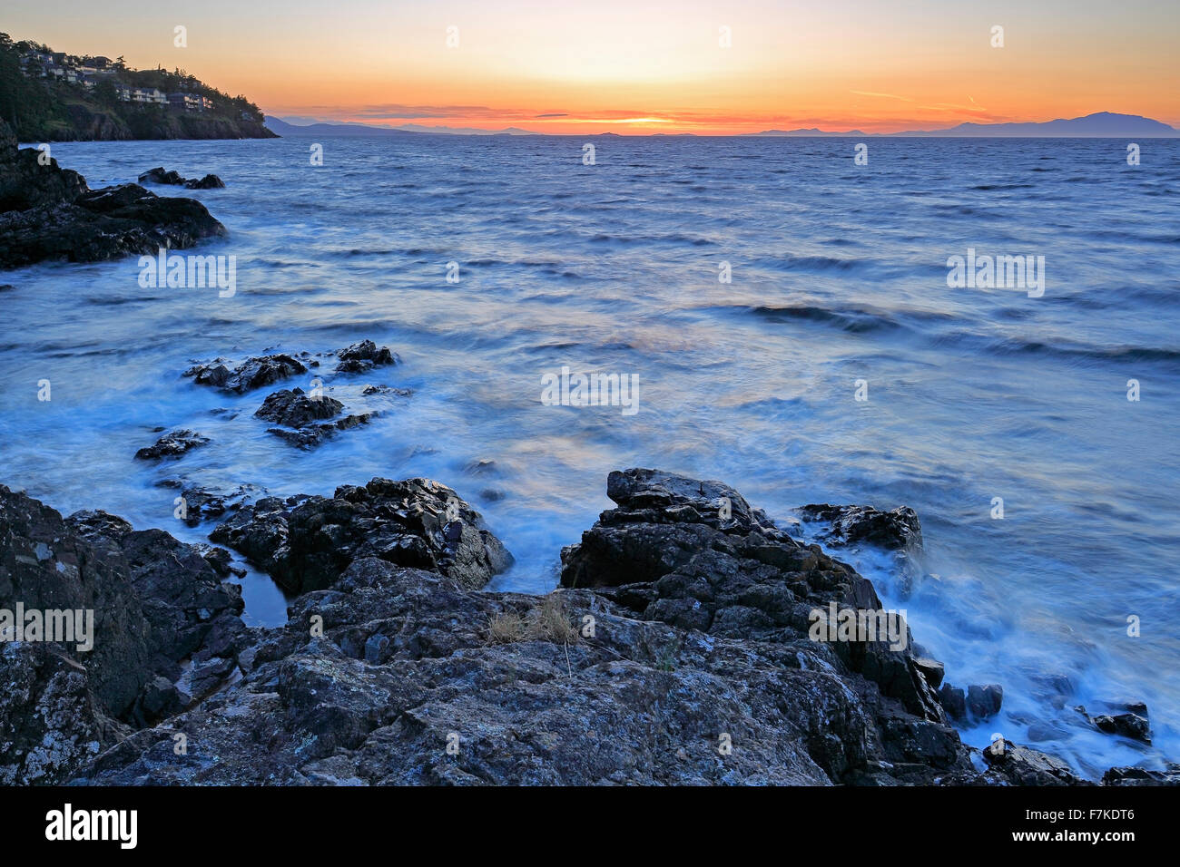 Sunset over Georgia Strait from Neck Point Municipal Park, north Nanaimo, Vancouver Island, British Columbia Stock Photo