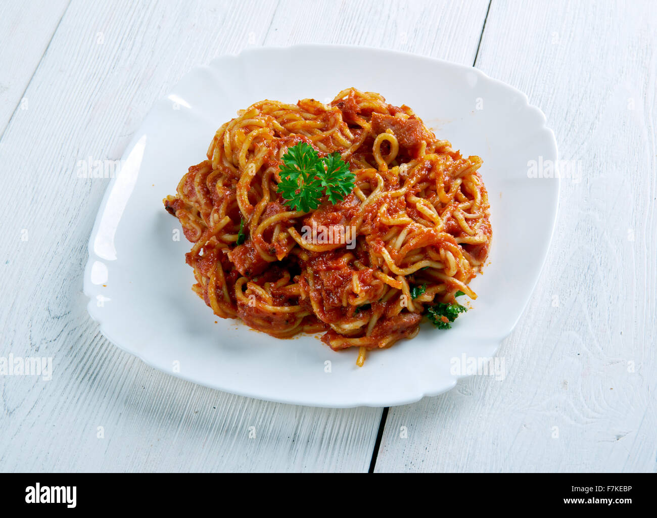 Naporitan Japan dish consists of spaghetti, tomato ketchup., green