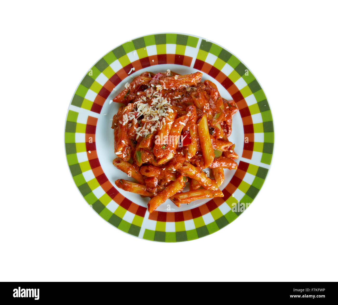 Penne alla vodka -  American pasta dish.made with vodka and penne pasta, often made with heavy cream, crushed tomatoes, onions,  Stock Photo