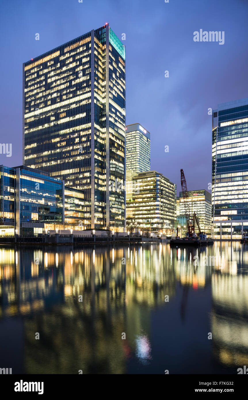 View of Canary Wharf at night from South Dock, London, England Stock ...