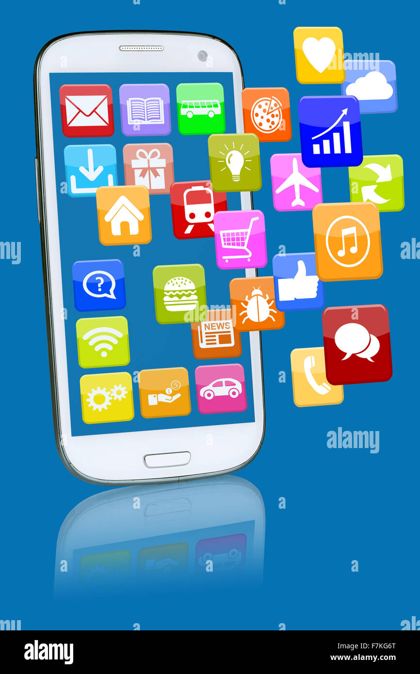 Smart phone or mobile telephone with programs application apps app for internet Stock Photo