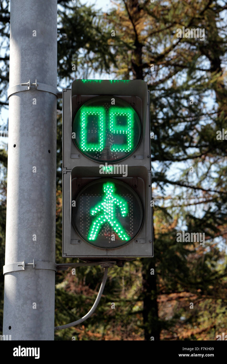 The countdown on green on a pedestrian crossing, Moscow, Russia. Stock Photo