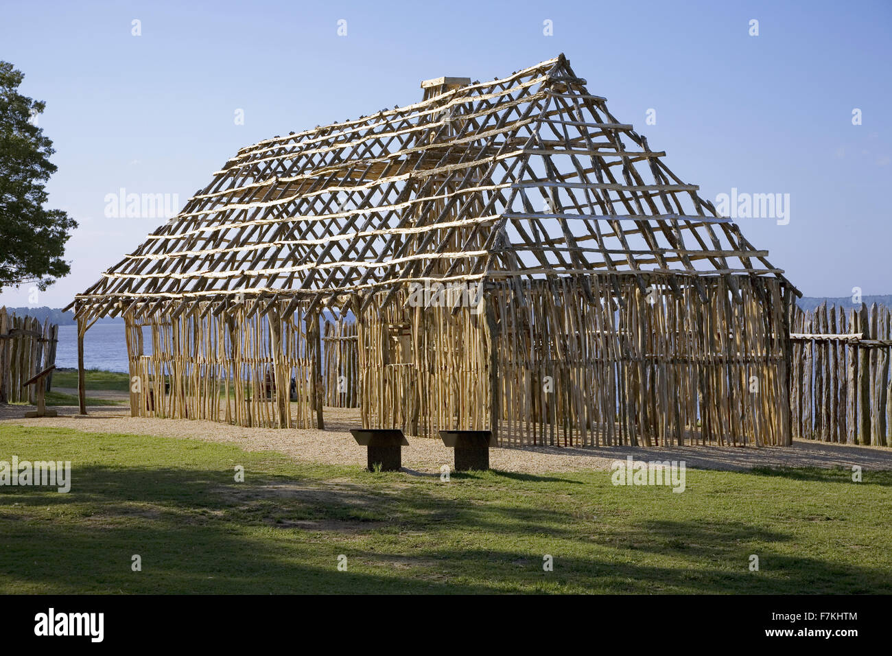 Re-creation of early Jamestown structure at James Fort on Jamestown Island, America's Birthplace, the place of the first permanent English colony in America, May 13, 1607. Stock Photo