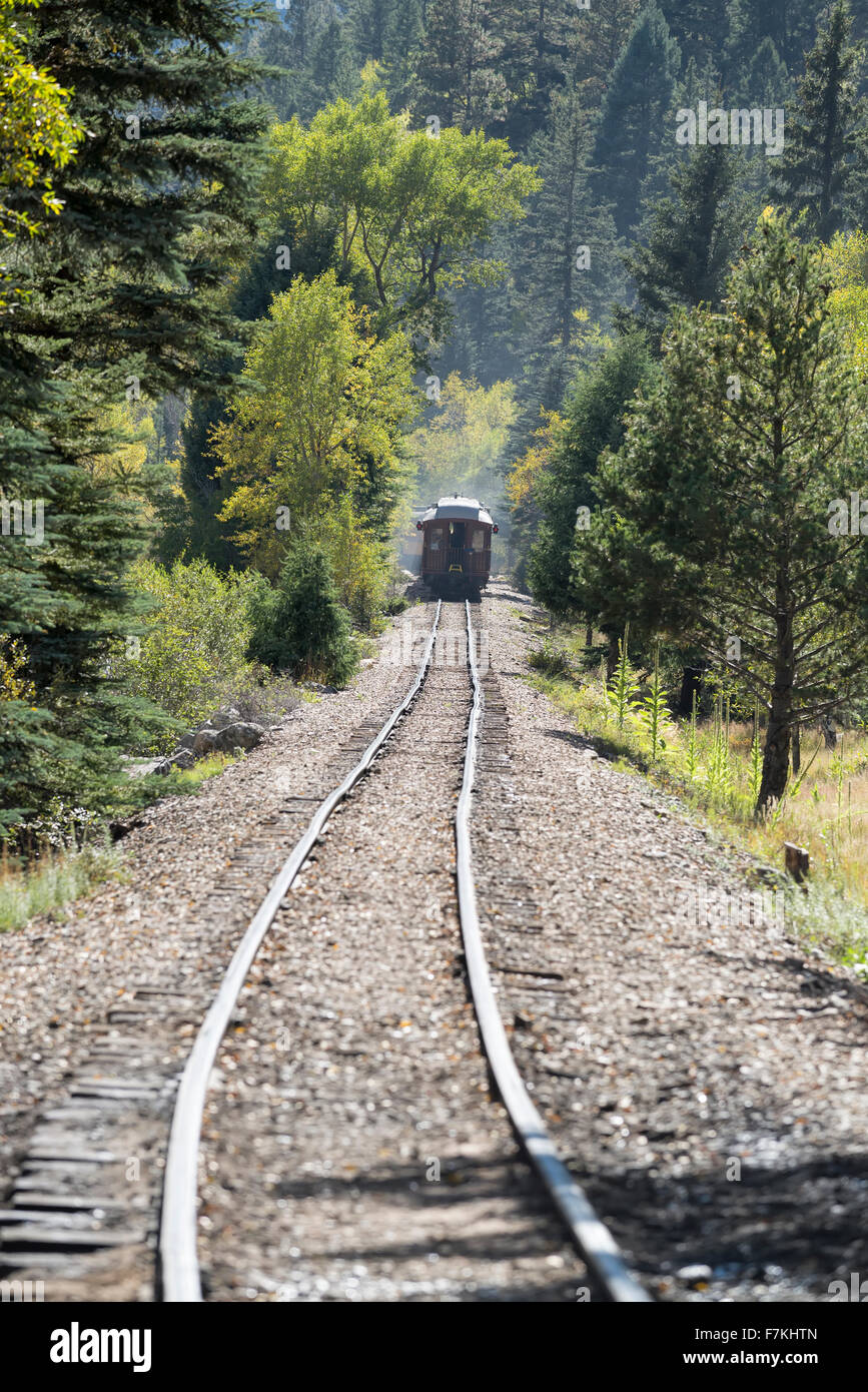 Rear of a Durango & Silverton Narrow Gauge Railroad steam train in the Animas River Canyon in Southwest Colorado. Stock Photo
