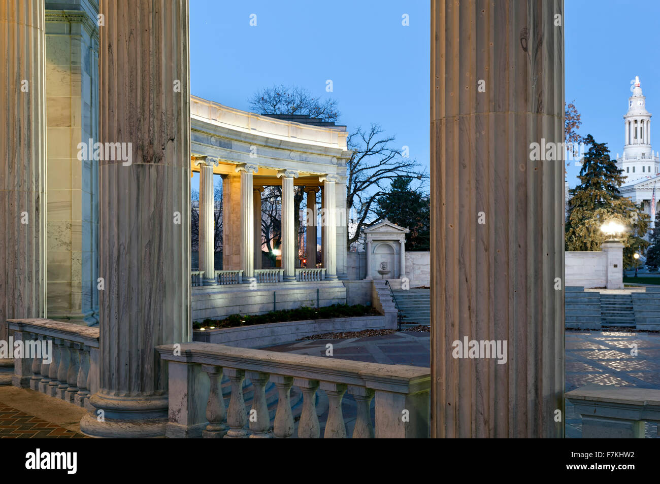 Columns, Greek Amphitheater (City & County Building in background), Civic Center Park, Denver, Colorado USA Stock Photo