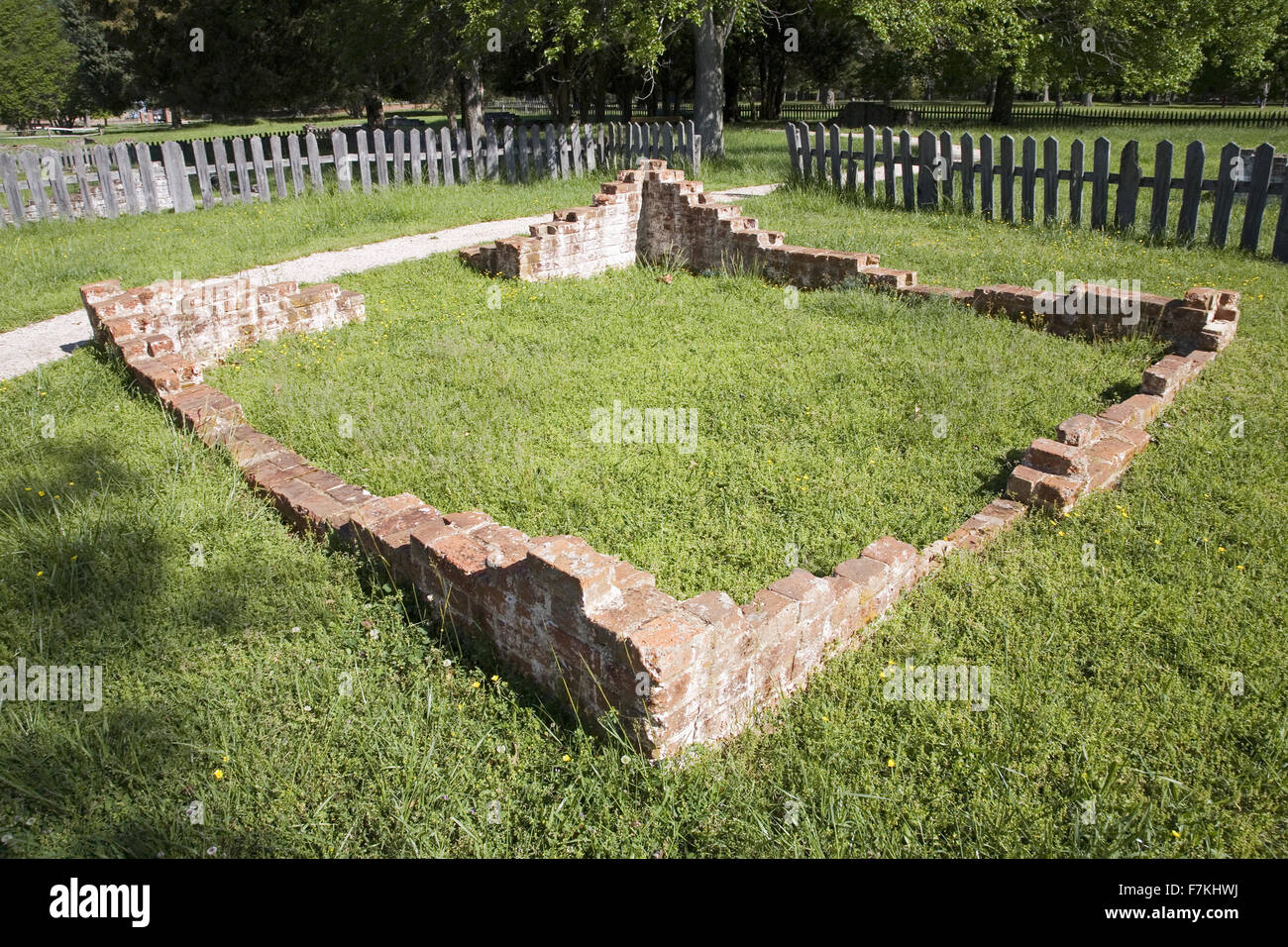 Early house foundations from the New Towne site of Jamestown, Jamestown Island, America's Birthplace, Virginia, built after 1620, the very first Main Street of America. Photo taken on 400th anniversary of Jamestown, the First Permanent English Settlement. Stock Photo