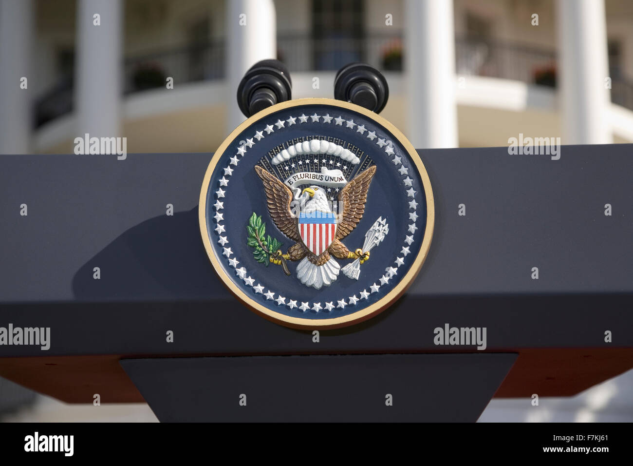 Presidential Seal on podium in front of the South Portico of the White House, the Truman Balcony, in Washington, DC on May 7, 2007, in preparation for the visit of Her Majesty Queen Elizabeth II and President George W. Bush Stock Photo