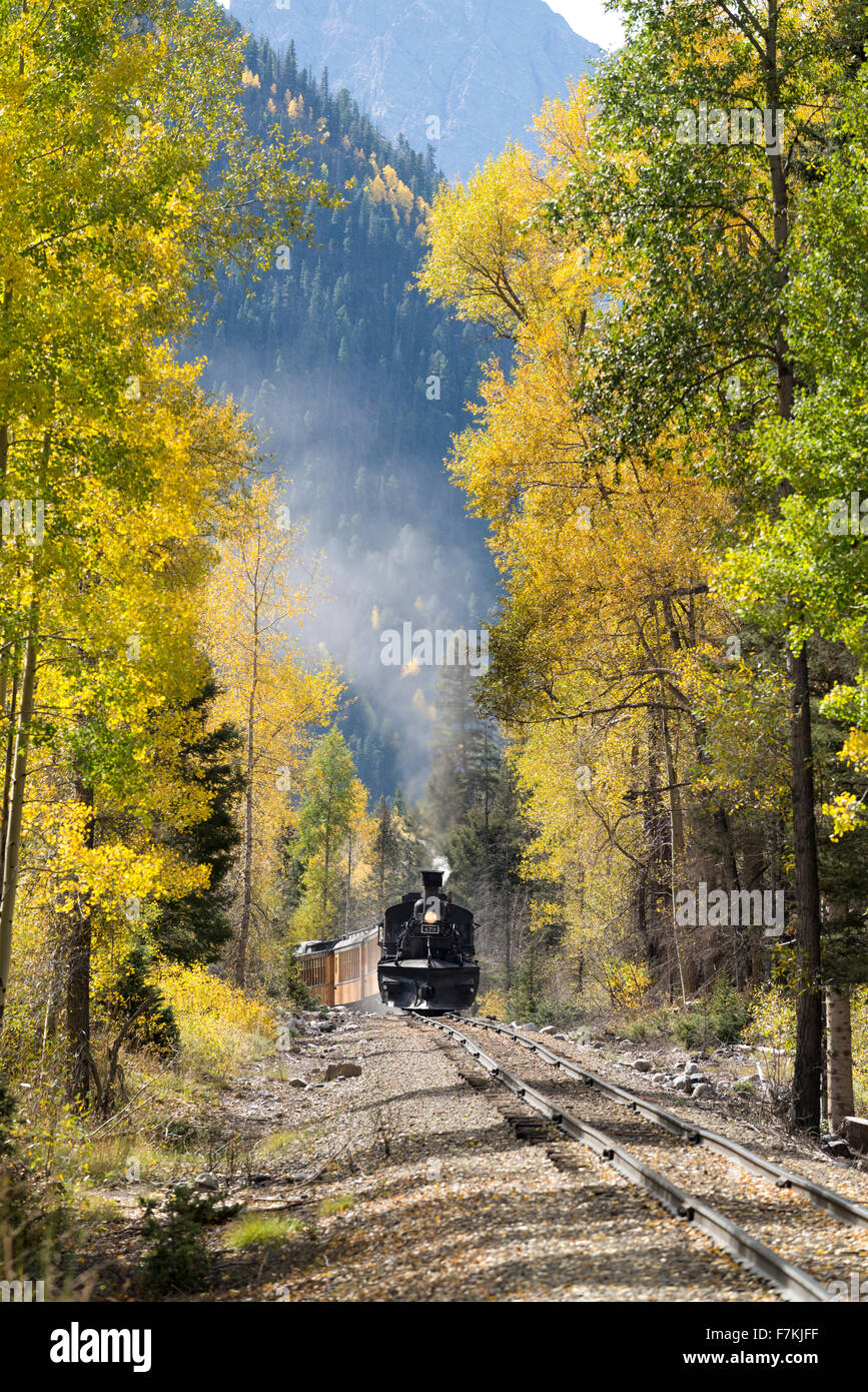 Durango & Silverton Narrow Gauge Railroad steam train in the Animas River Canyon in Southwest Colorado. Stock Photo