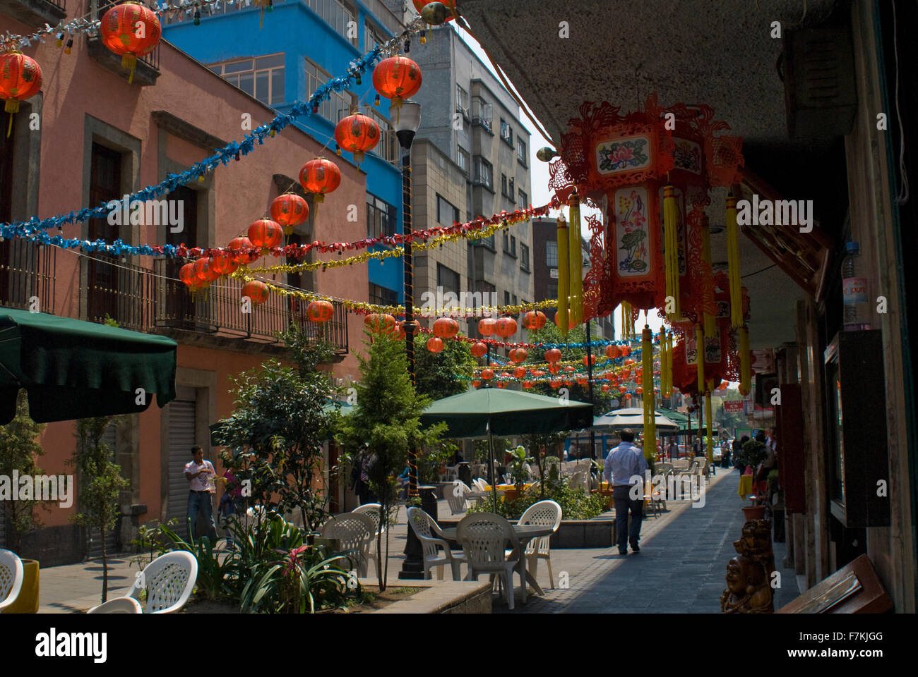 Chinatown neighborhood of Mexico City, Mexico. Restaurants and lanterns adorn the streets. Stock Photo