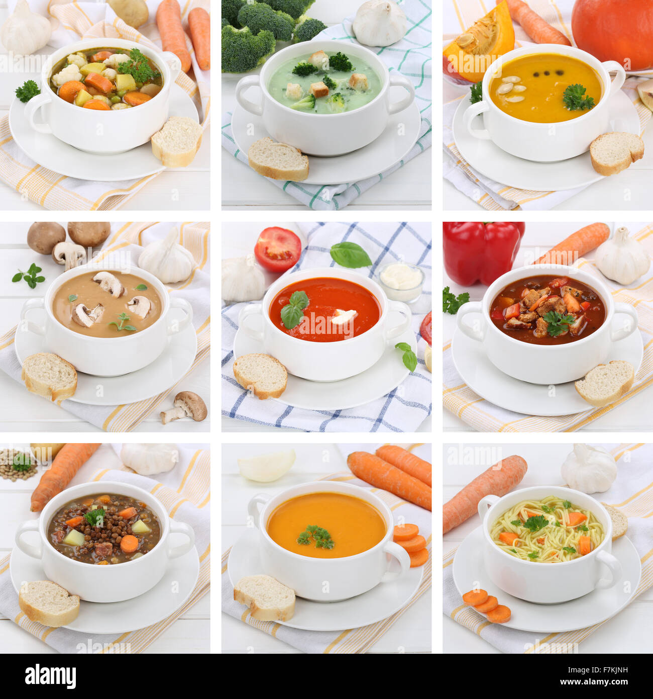 Collection of soups meal soup in bowl tomato vegetable noodle with baguette healthy eating Stock Photo