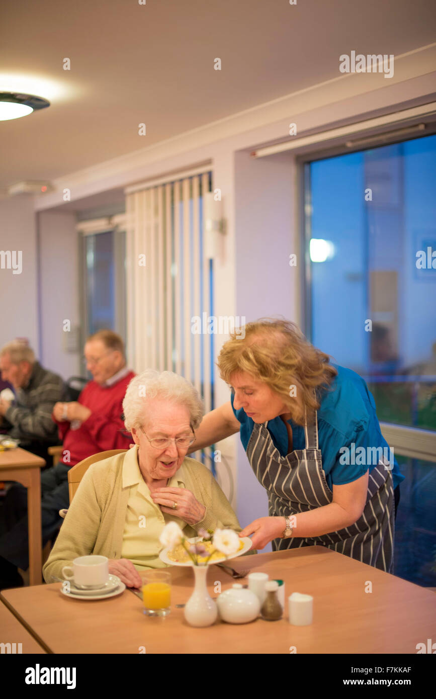 An old lady being fed her dinner in an old folks home Stock Photo