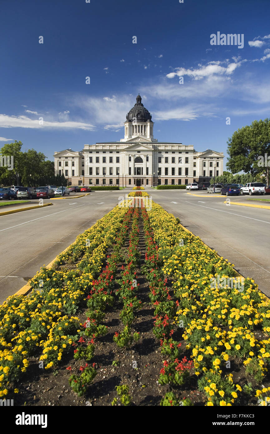 Summer flower-bed leading to South Dakota State Capitol and complex, Pierre, South Dakota, was built between 1905 and 1910 Stock Photo