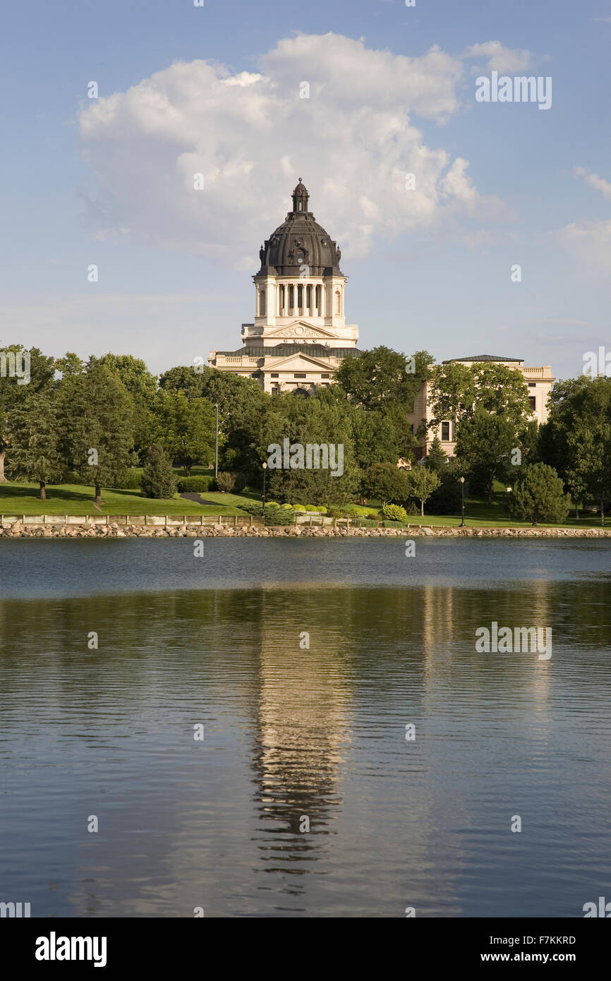 Lake reflection of South Dakota State Capitol and complex, Pierre