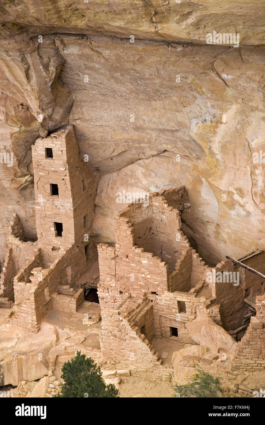 Square Tower House Indian ruin at Mesa Verde National Park, Southwest Colorado, 1200-1300 A.D. Stock Photo