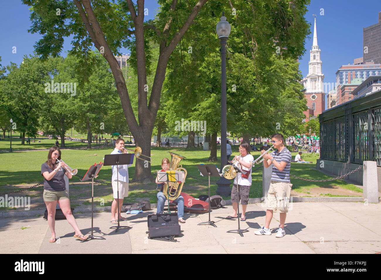 Brass Quintet performs in Boston Common, Boston, Ma., USA Stock Photo
