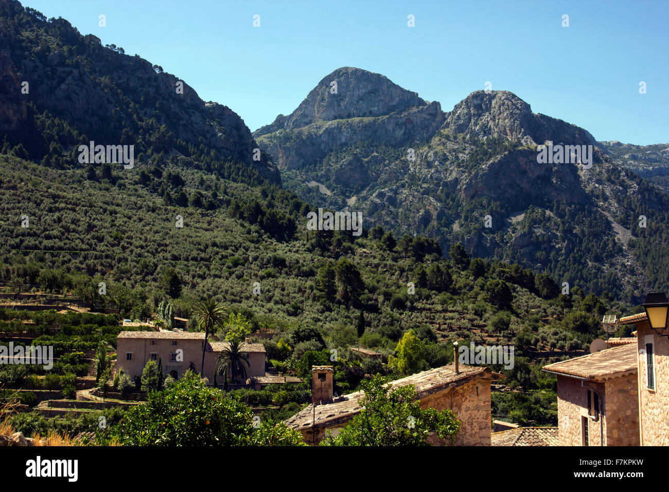 Fornalutx countryside with mountains in background Stock Photo