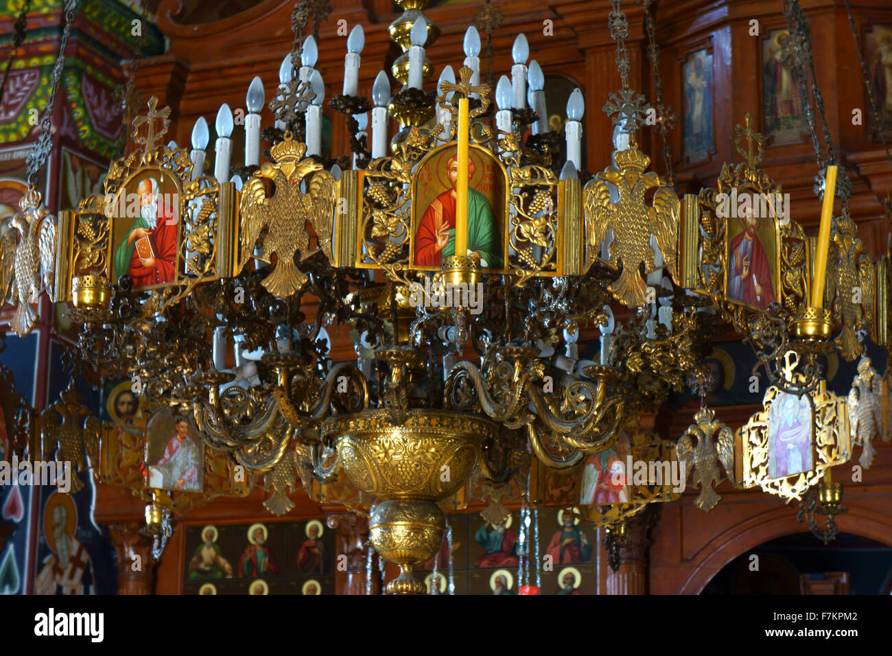 Arsani monastery, Holy Church of Saint Mark of the Death, Interior with chandelier, Island  Crete, Greece Stock Photo