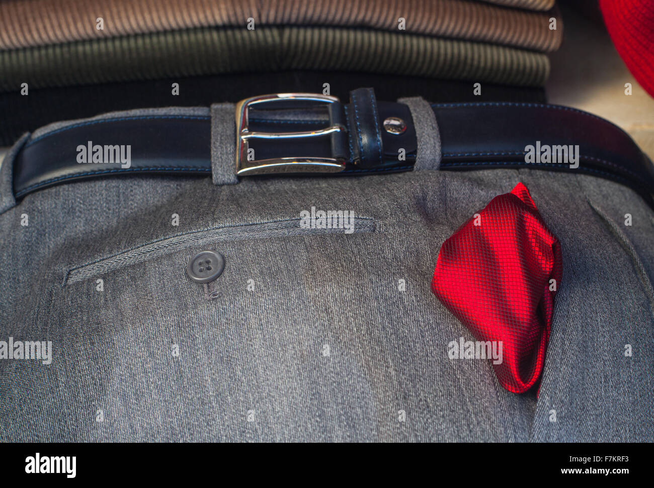 View of red neckerchief on the men's slacks Stock Photo