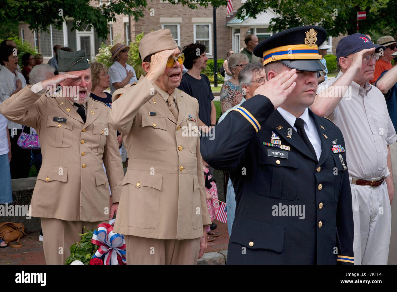 Veterans salute on Memorial Day, 2011 in Concord, MA Stock Photo
