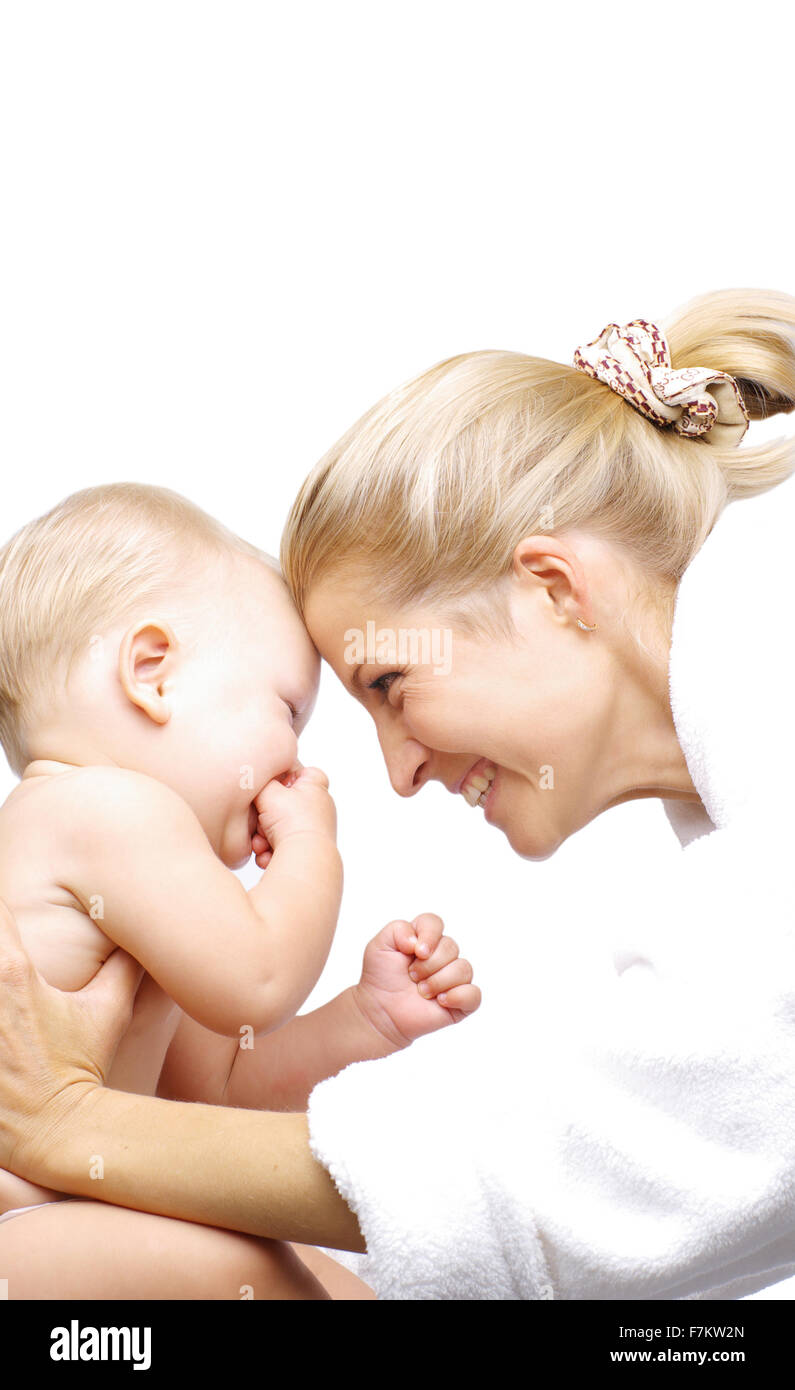Happy Baby Boy And His Mother. Isolated over white Stock Photo Alamy