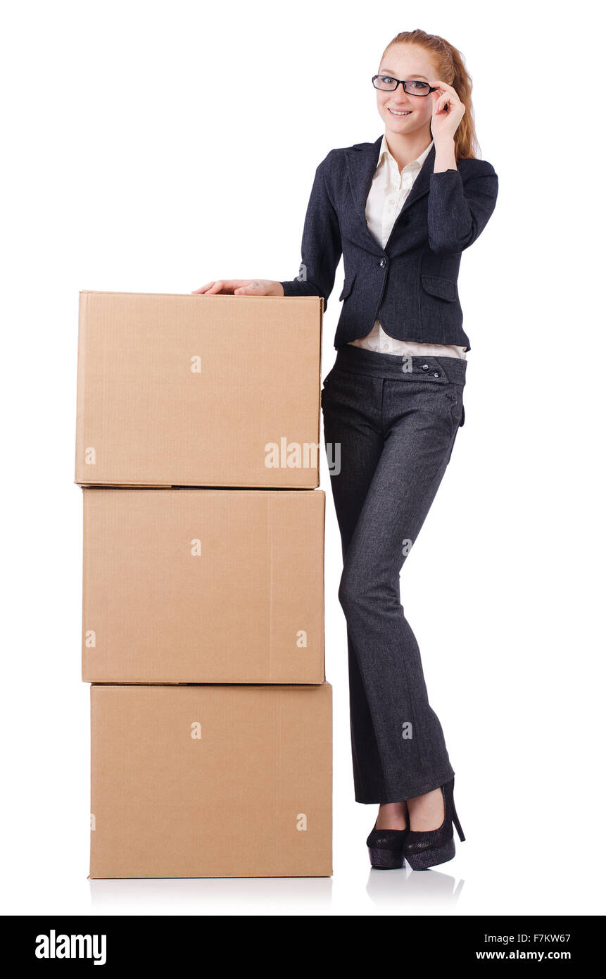 Woman businesswoman with boxes on white Stock Photo - Alamy