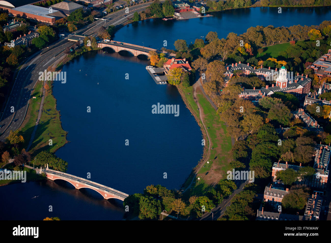 AERIAL VIEW of Charles River with views of John W. Weeks Bridge and Anderson Memorial Bridge, Harvard, Cambridge, Boston, MA Stock Photo