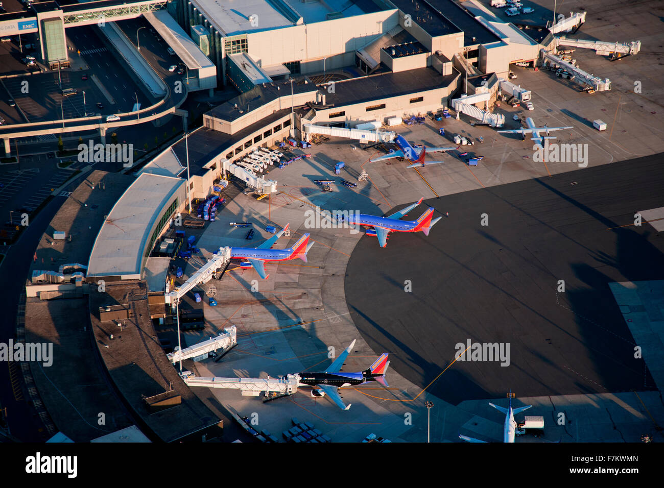 AERIAL VIEW of Southwest Airplanes at Logan International Airport, Boston, MA Stock Photo