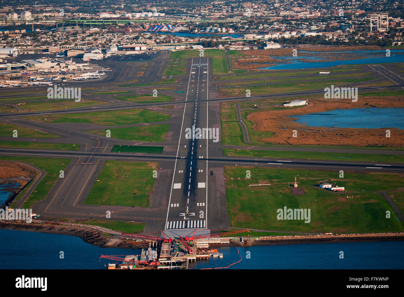 AERIAL VIEW of runway at Logan International Airport, Boston, MA Stock Photo