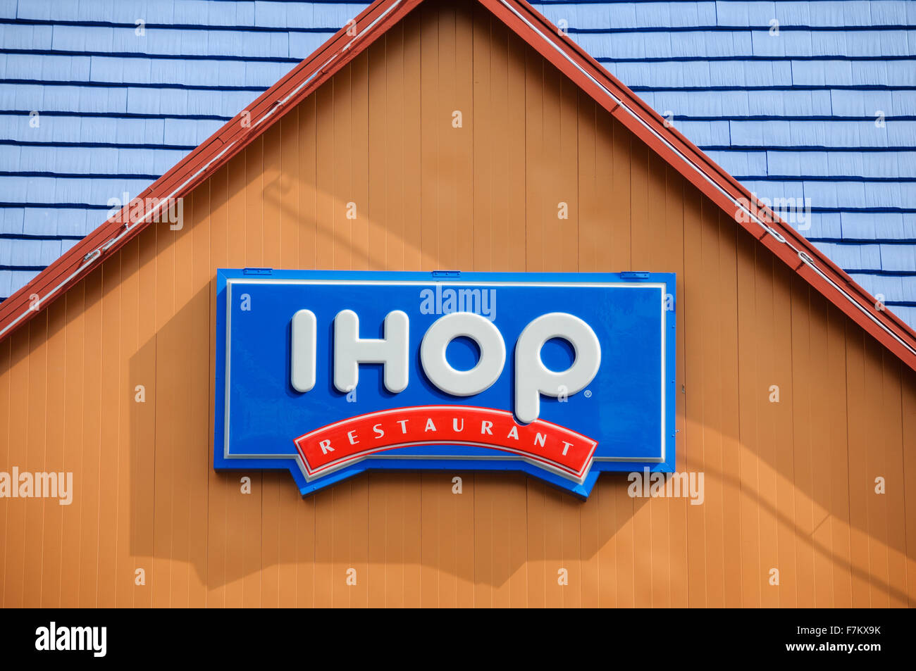A blue, white and red IHOP pancake house restaurant sign on Las Vegas Boulevard (The Strip) Stock Photo