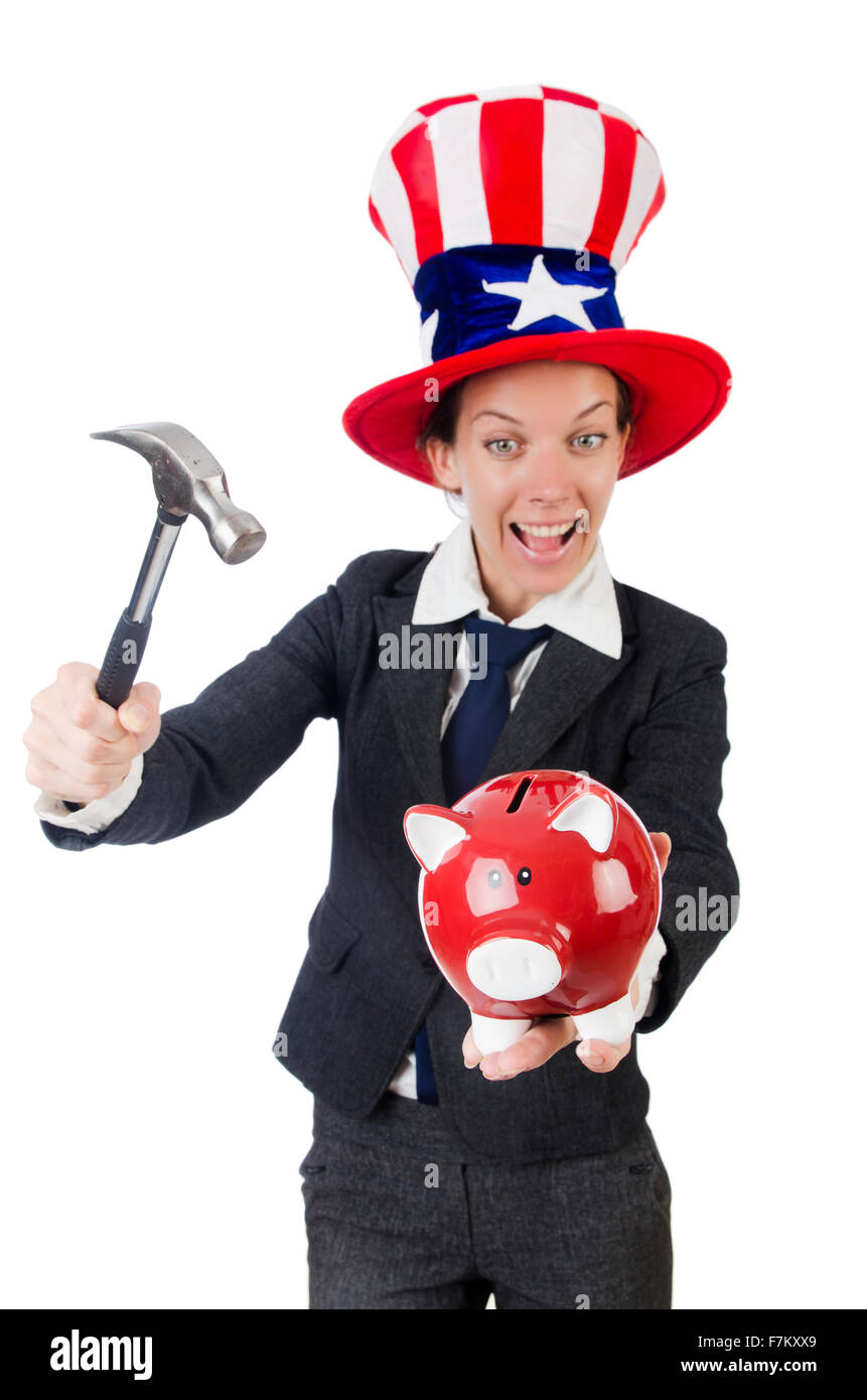 Businesswoman with piggy bank and hammer isolated on white Stock Photo ...