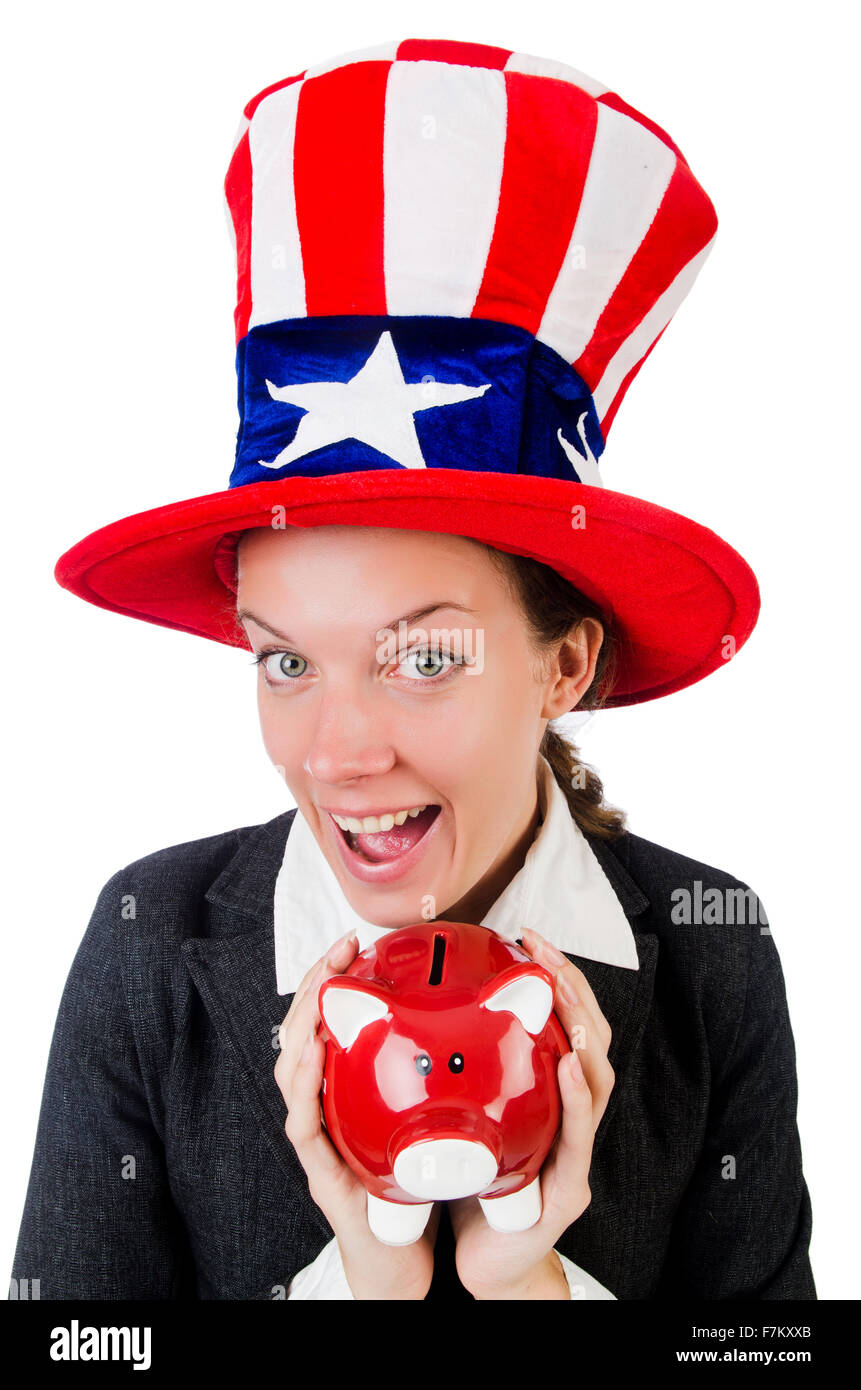 Businesswoman with piggy bank isolated on white Stock Photo - Alamy