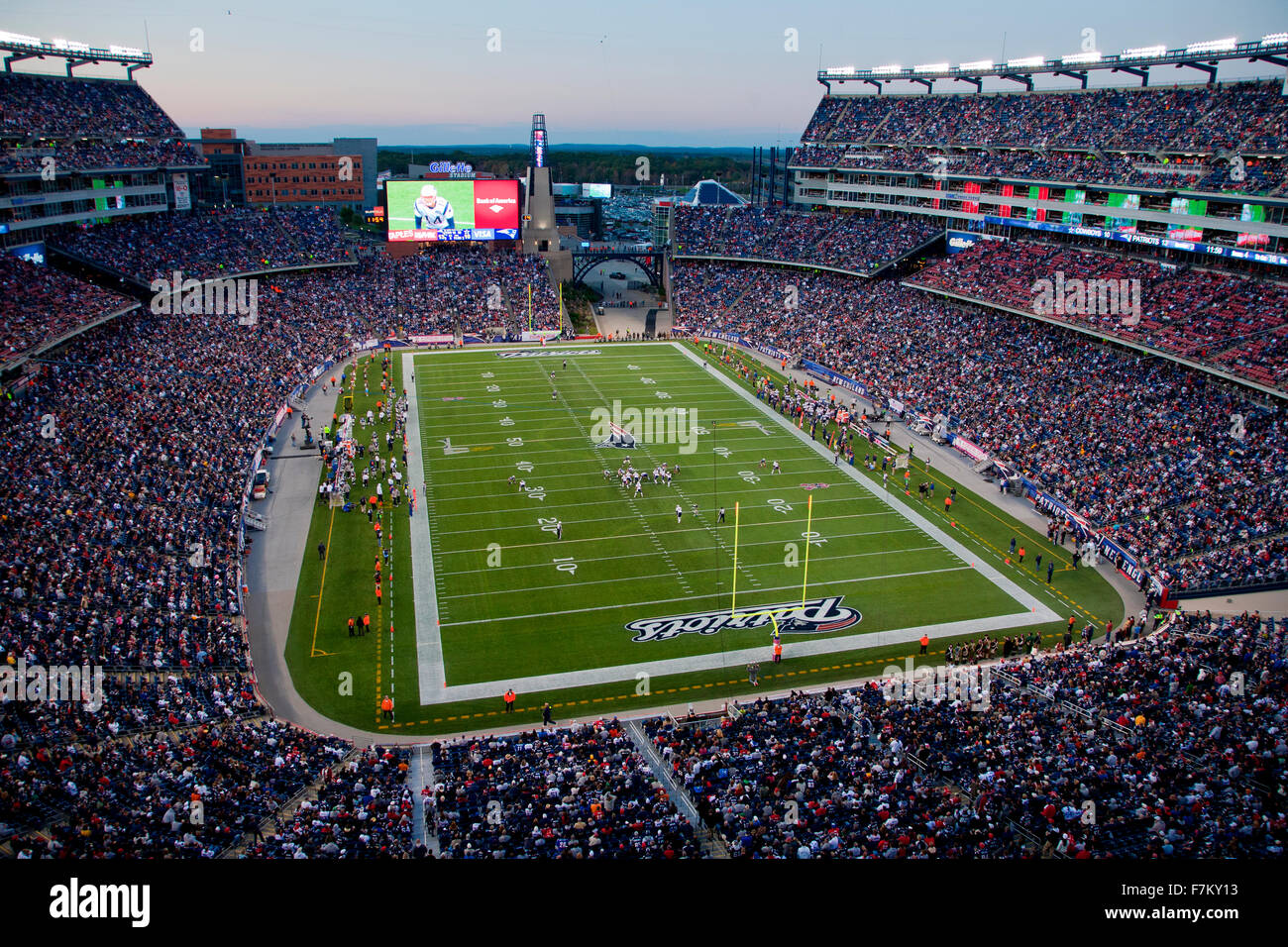 Elevated view of Gillette Stadium, home of Super Bowl champs, New England Patriots, NFL Team play against Dallas Cowboys,October 16, 2011, Foxborough, Boston, MA Stock Photo