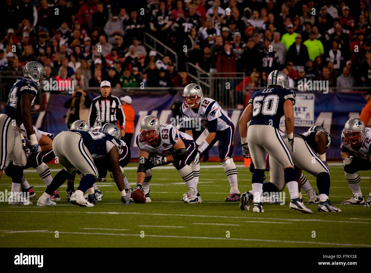 Quarterback Tom Brady, #12, takes hike at Gillette Stadium, the home of Super Bowl champs, New England Patriots, NFL Team play against Dallas Cowboys,October 16, 2011, Foxborough, Boston, MA Stock Photo