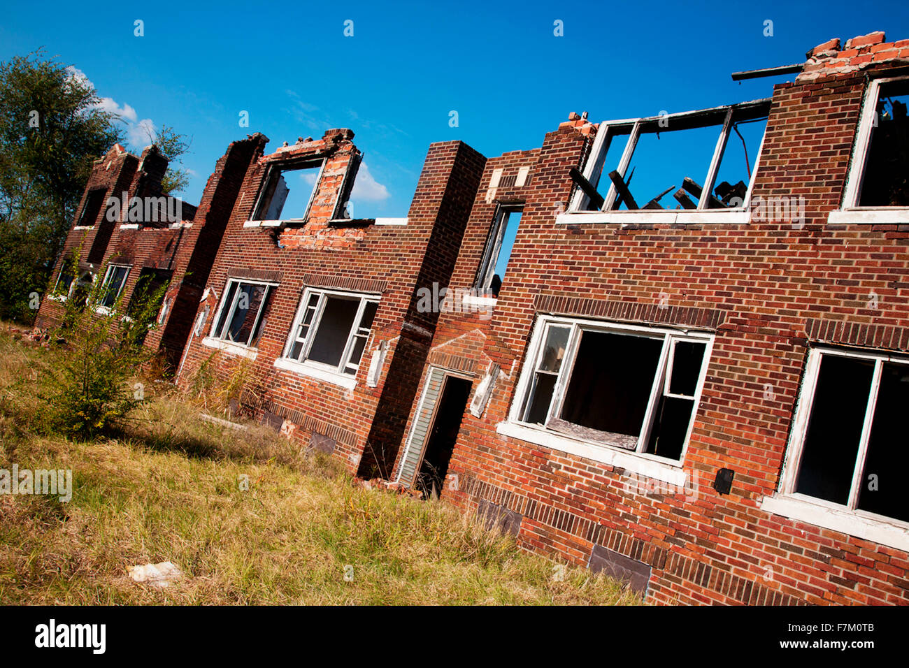 Deserted red brick apartments in the dangerous city of East St. Louis