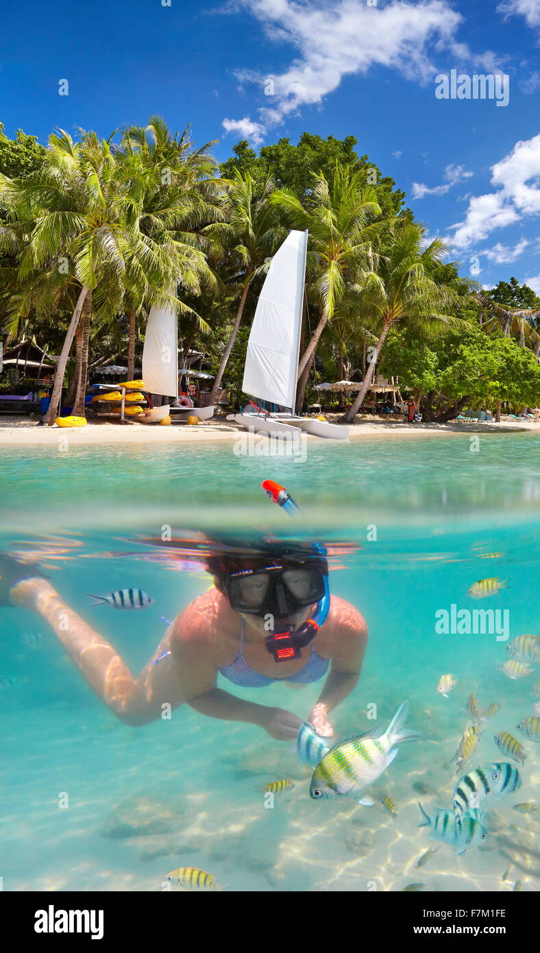 Tropical underwater sea view at snorkeling girl, Ko Samet Island, Thailand, Asia Stock Photo