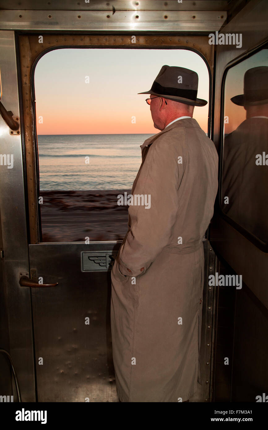 1940's reenactor looks out of window on Pearl Harbor Day Troop train reenactment from Los Angeles Union Station to San Diego Stock Photo