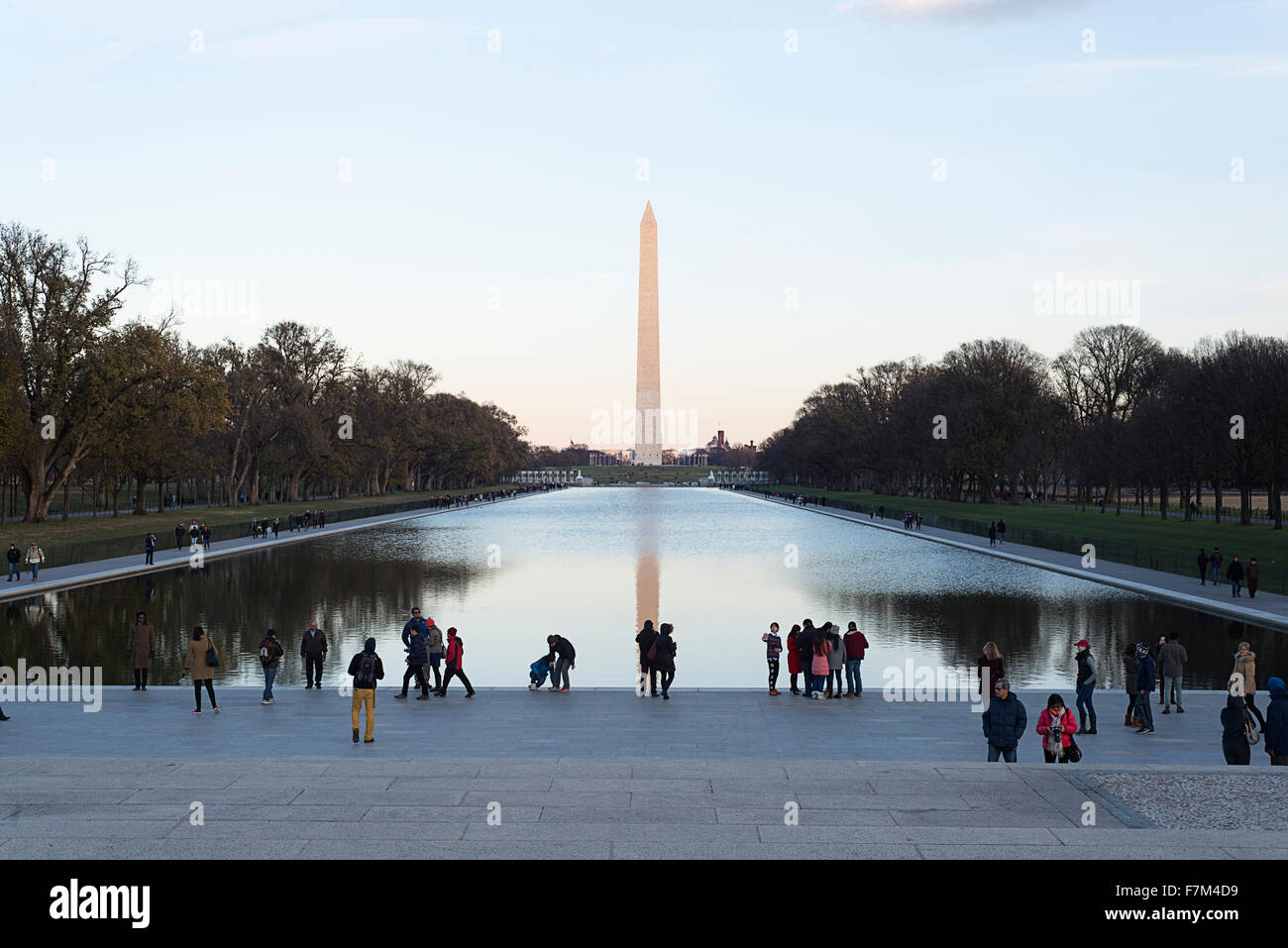 The Washington Monument and reflecting pool in Washington DC as viewed from the Lincoln Memorial. Stock Photo