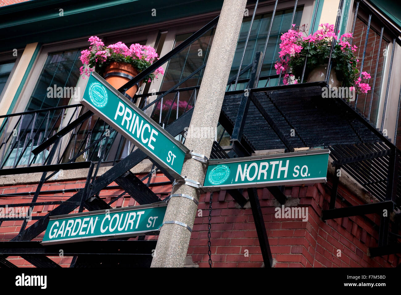Street signs for intersection of Prince, North and Garden Court, historic North End, Boston, MA. Stock Photo