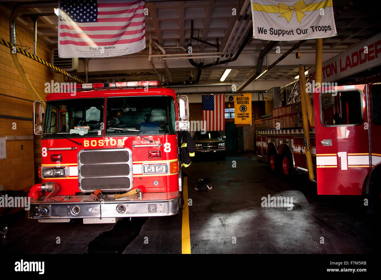 Interior view of Ladder #1, Engine #8, Firestation in historic North End, Italian section of Boston, MA Stock Photo