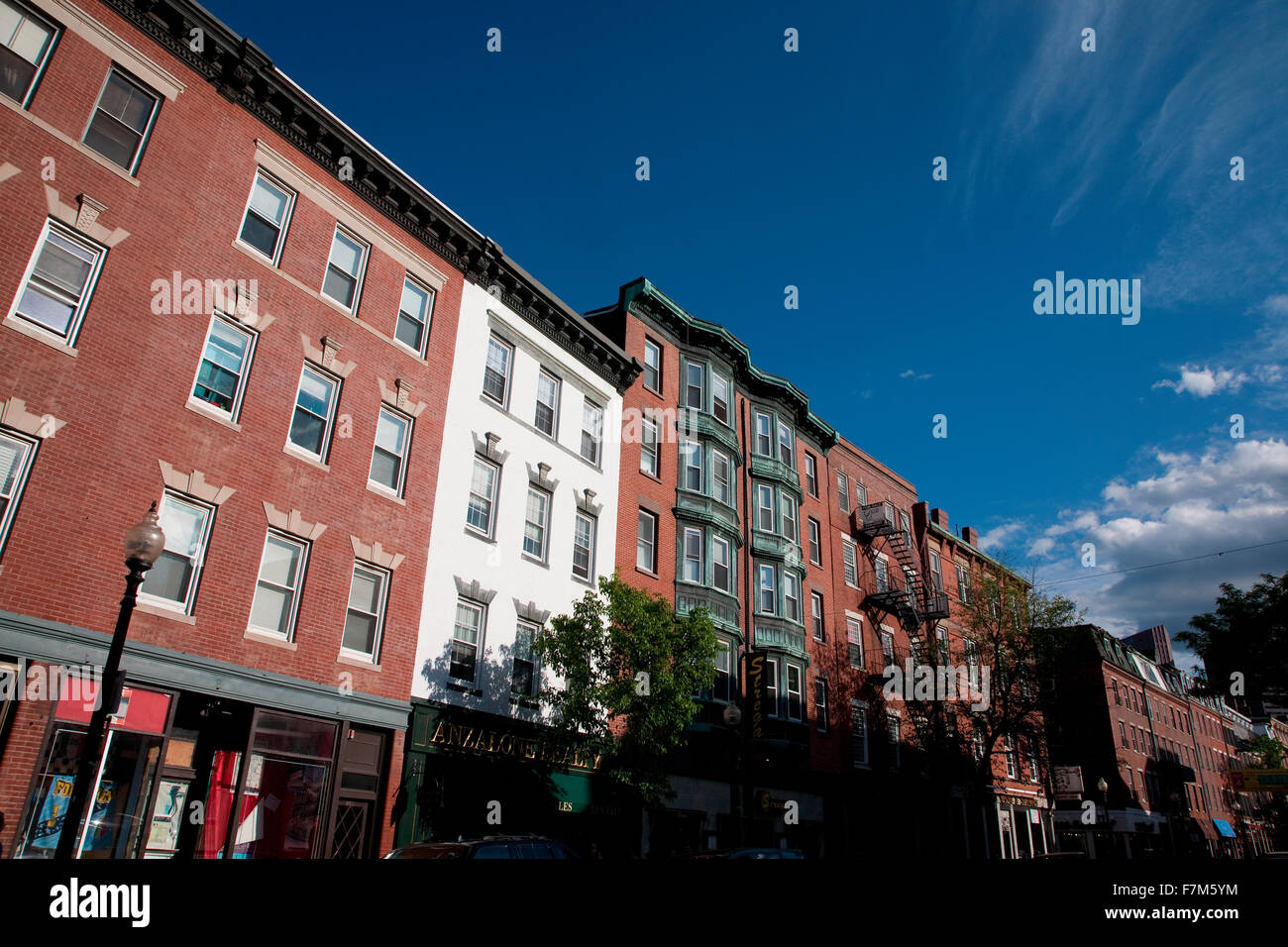 Red brick building fronts on Hanover Street, historic North End