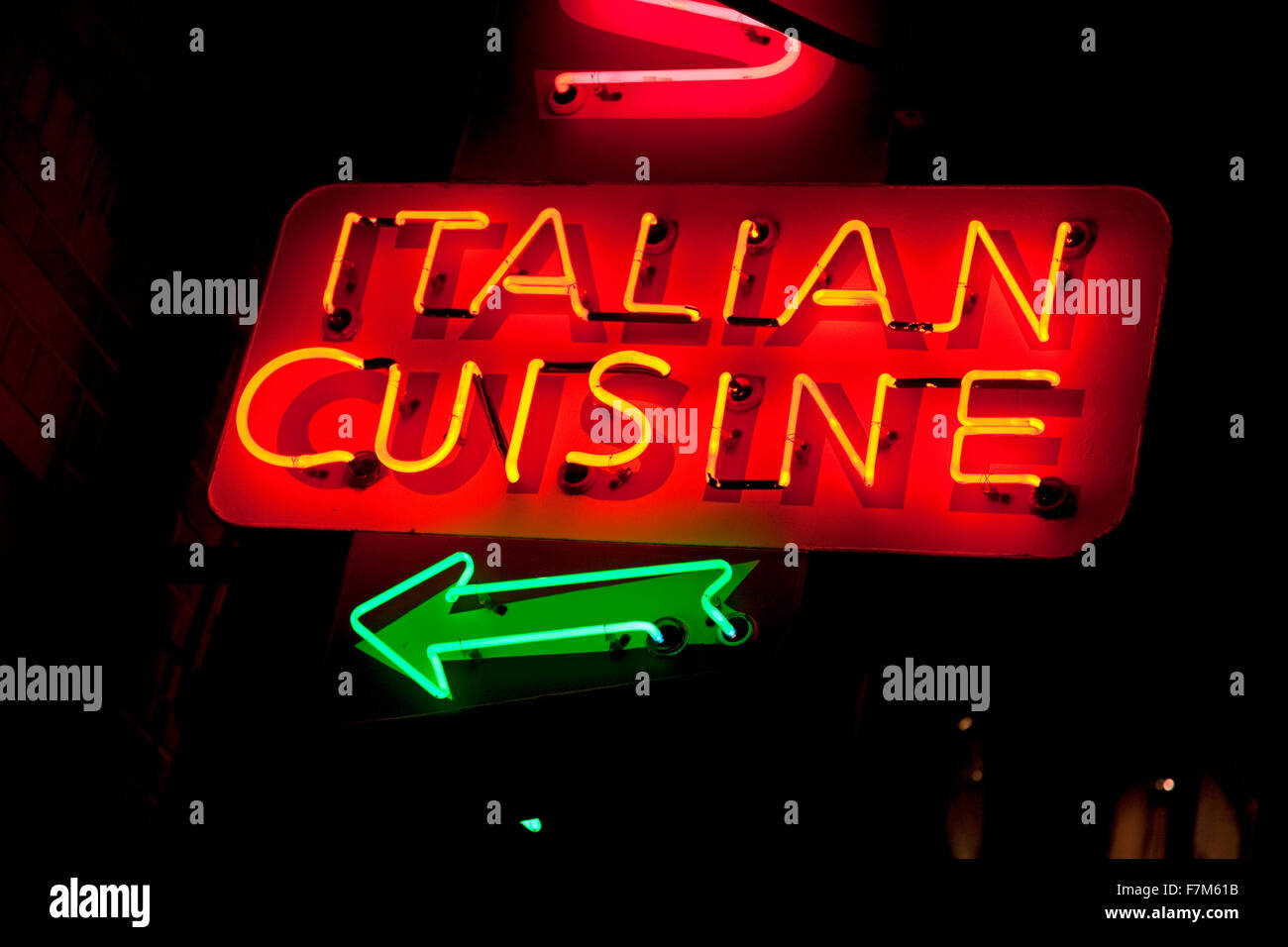 Neon sign for 'Italian Cuisine' in historic North End, the Italian section of Boston, MA Stock Photo
