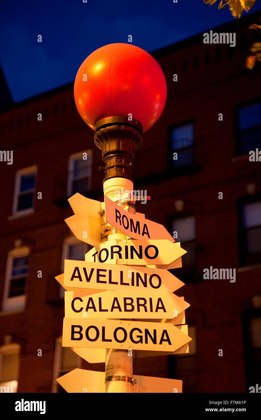 Road signs pointing to famous Italian towns and cities, historic North End, the Italian section of Boston Ma. Stock Photo