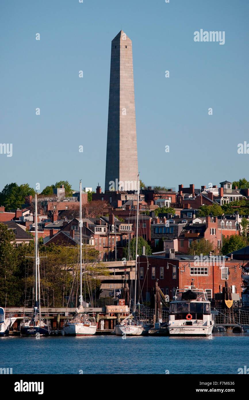 Bunker Hill Memorial from harbor, commemorating Battle of Bunker Hill, American Revolution, Freedom Trail, Charlestown, Boston, MA Stock Photo